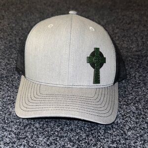 Gray and Black Cross Patch Trucker Hat